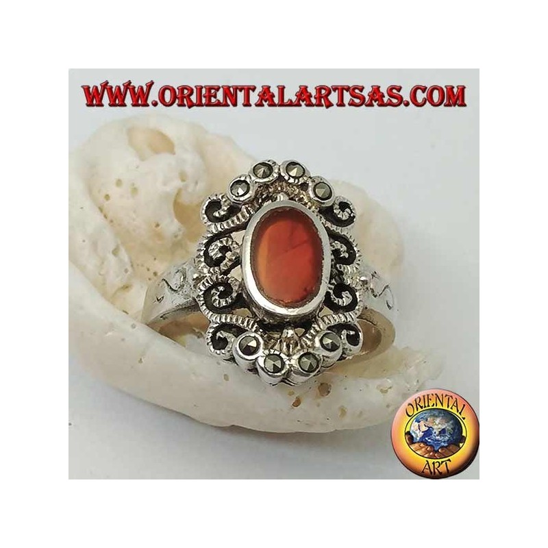 Silver ring with oval carnelian crowned with sinuous decorations with marcasite