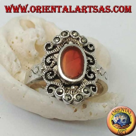 Silver ring with oval carnelian crowned with sinuous decorations with marcasite