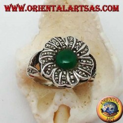 Silver flower ring with round green agate surrounded by marcasite