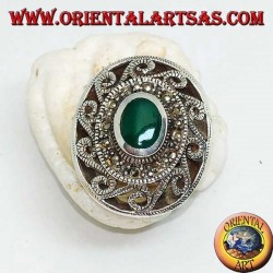 Silver ring with oval green agate surrounded by marcasite and Greek with fretwork