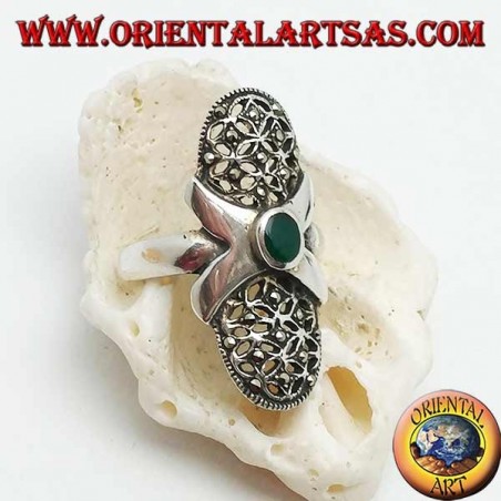 Silver ring with oval green agate, smooth cross and perforated oval canvas studded with marcasites