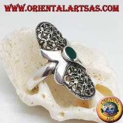 Silver ring with oval green agate, smooth cross and perforated oval canvas studded with marcasites
