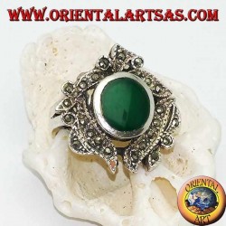 Silver ring with oval green agate surrounded by marcasite studded leaves