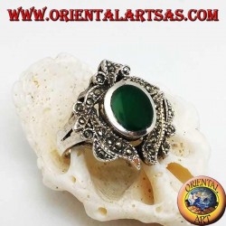 Silver ring with oval green agate surrounded by marcasite studded leaves