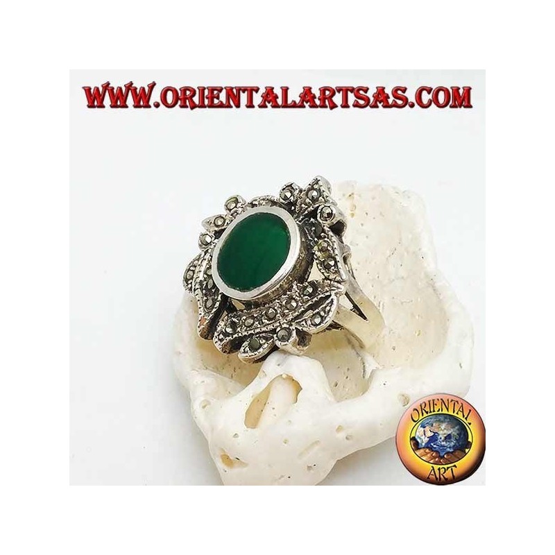 Silver ring with oval green agate surrounded by marcasite studded leaves