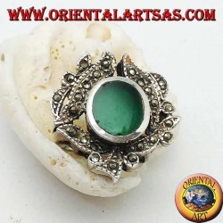 Silver ring with oval green agate surrounded by marcasite studded leaves