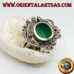 Silver ring with oval green agate surrounded by marcasite studded leaves