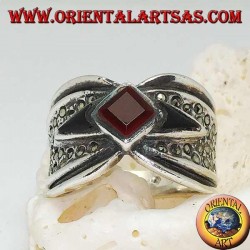 Silver ring with rhomboid carnelian on shuttle onyx and marcasite around