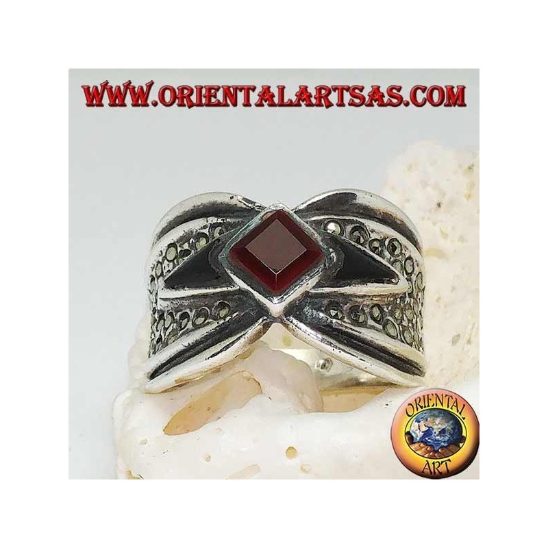 Silver ring with rhomboid carnelian on shuttle onyx and marcasite around