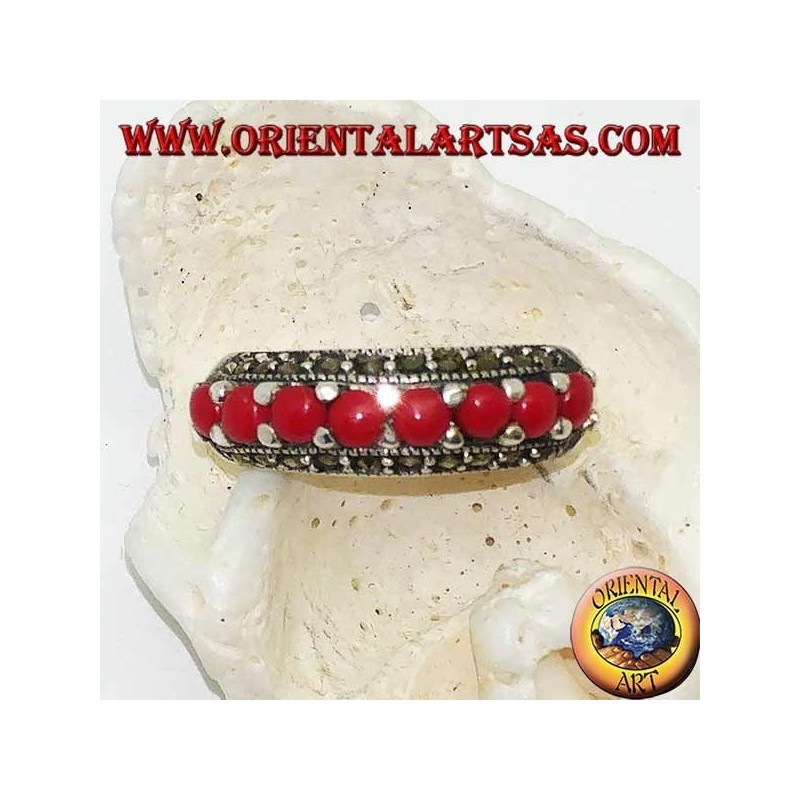 Silver ring with a row of corals set between two rows of marcasite