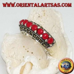 Silver ring with a row of corals set between two rows of marcasite