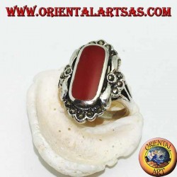 Silver ring with oval carnelian surrounded by marcasite and smooth silver small stones