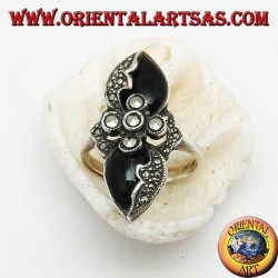 Bague en argent marcassite croisée entre deux gouttes miroir d'onyx et de marcassite