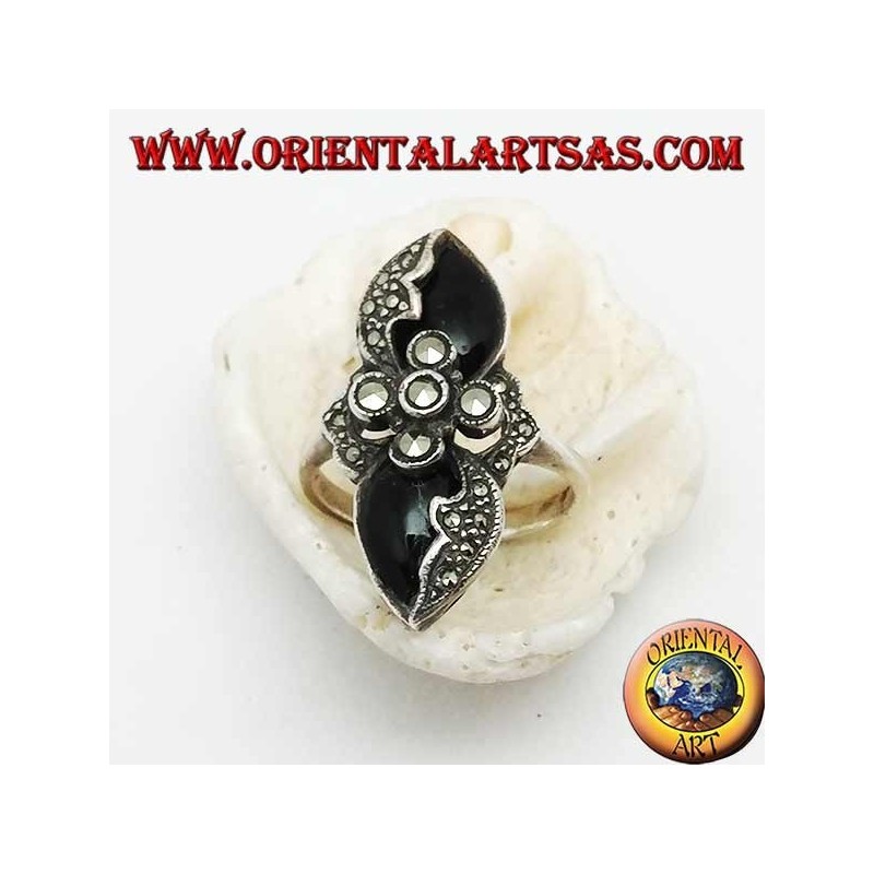 Bague en argent marcassite croisée entre deux gouttes miroir d'onyx et de marcassite