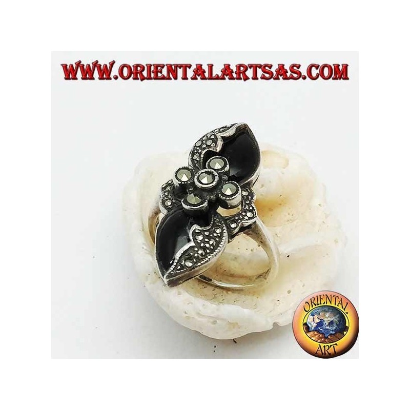 Bague en argent marcassite croisée entre deux gouttes miroir d'onyx et de marcassite