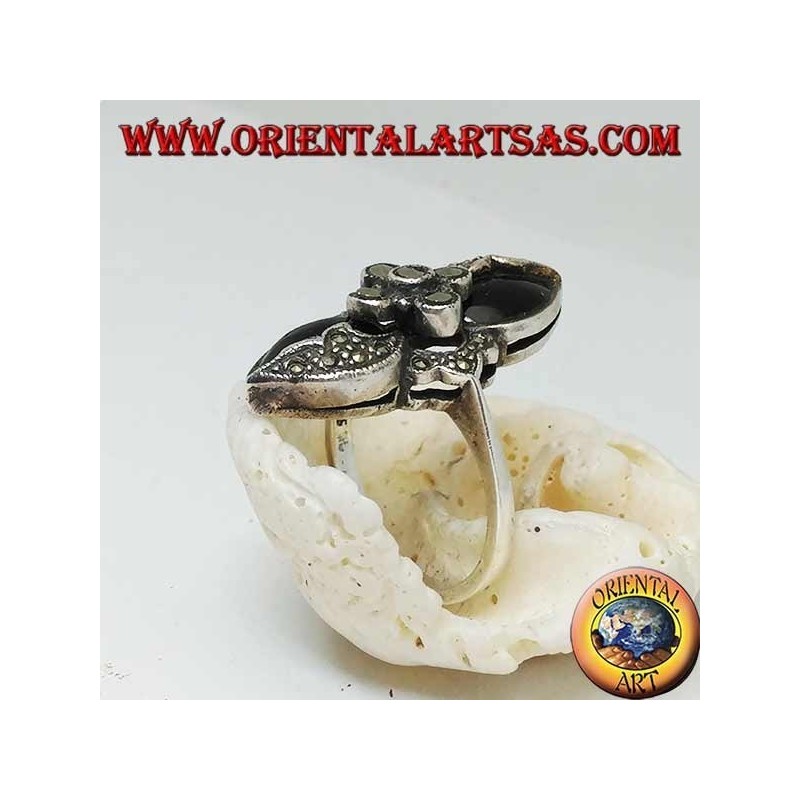 Anello allungato Doppio Onice Marcasiti Argento 925 - Stile Vintage