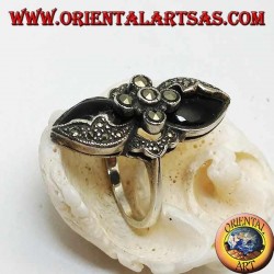 Bague en argent marcassite croisée entre deux gouttes miroir d'onyx et de marcassite