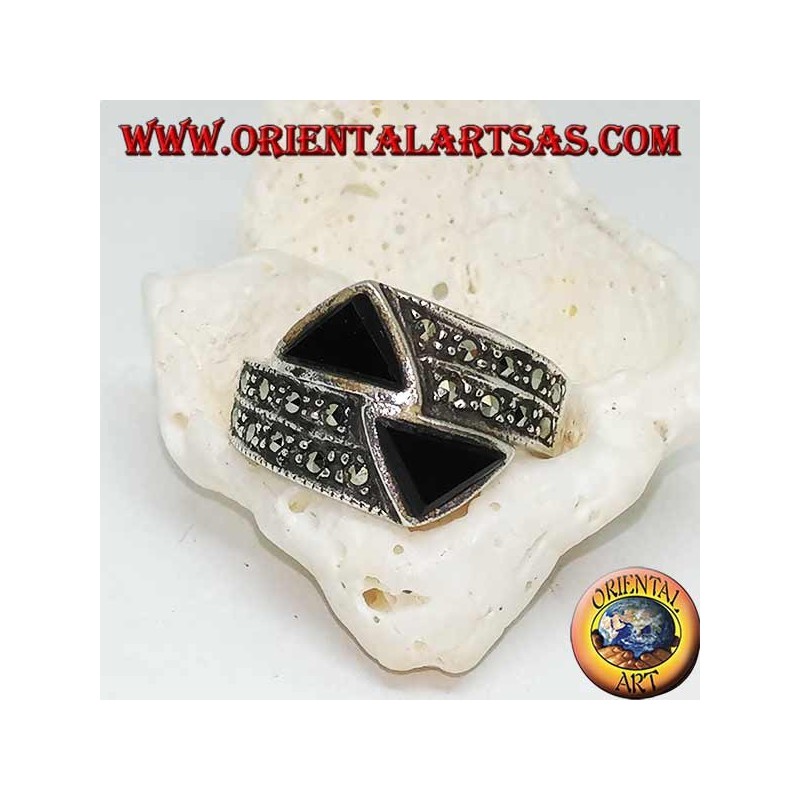 Silver ring with marcasite studded ring with two opposing onyx triangles