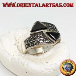 Silver ring with marcasite studded ring with two opposing onyx triangles