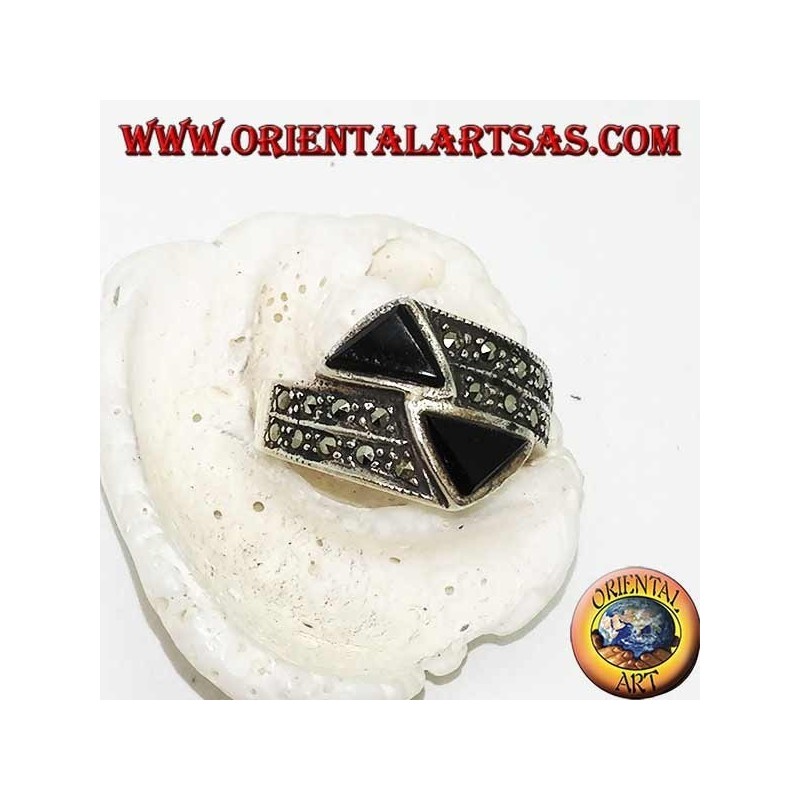Silver ring with marcasite studded ring with two opposing onyx triangles