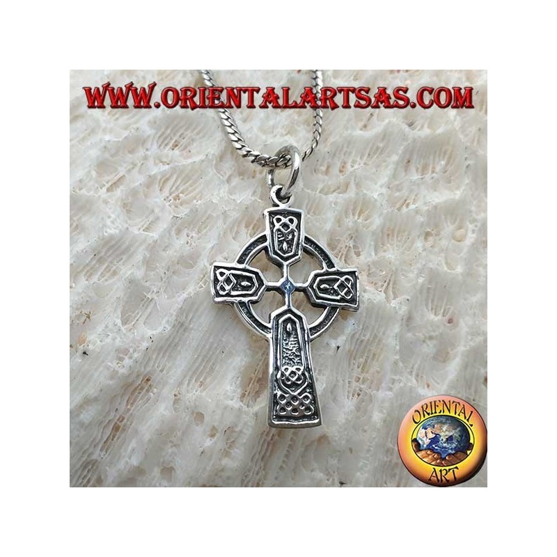Silver pendant, Celtic cross with Celtic bas-relief decorations