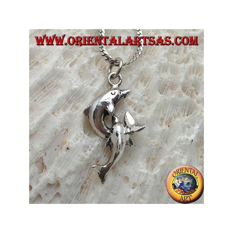 Colgante de plata, pareja de delfines saltando