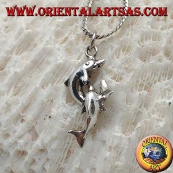 Colgante de plata, pareja de delfines saltando