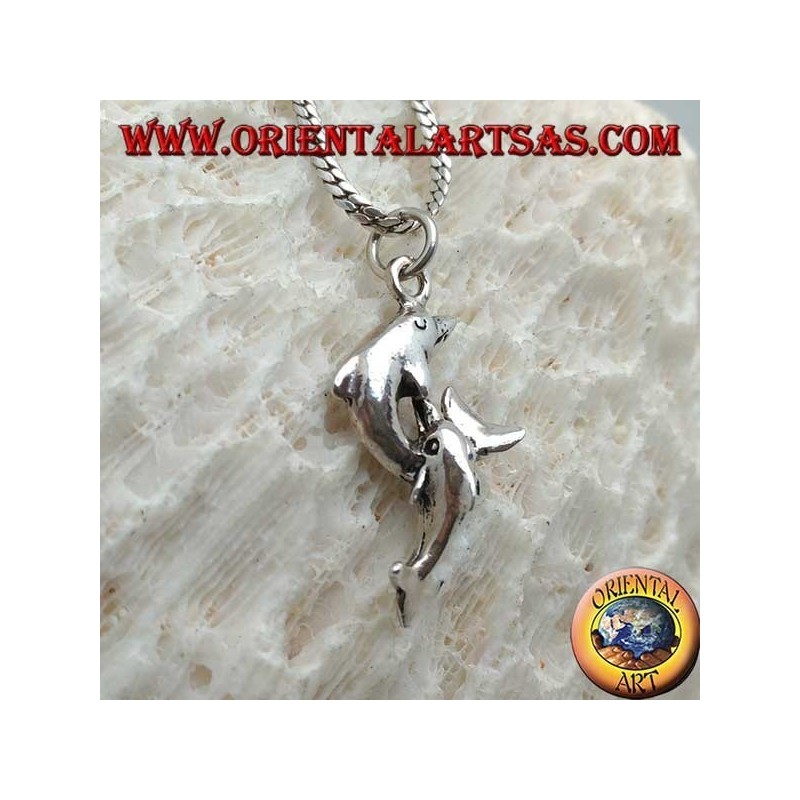 Colgante de plata, pareja de delfines saltando