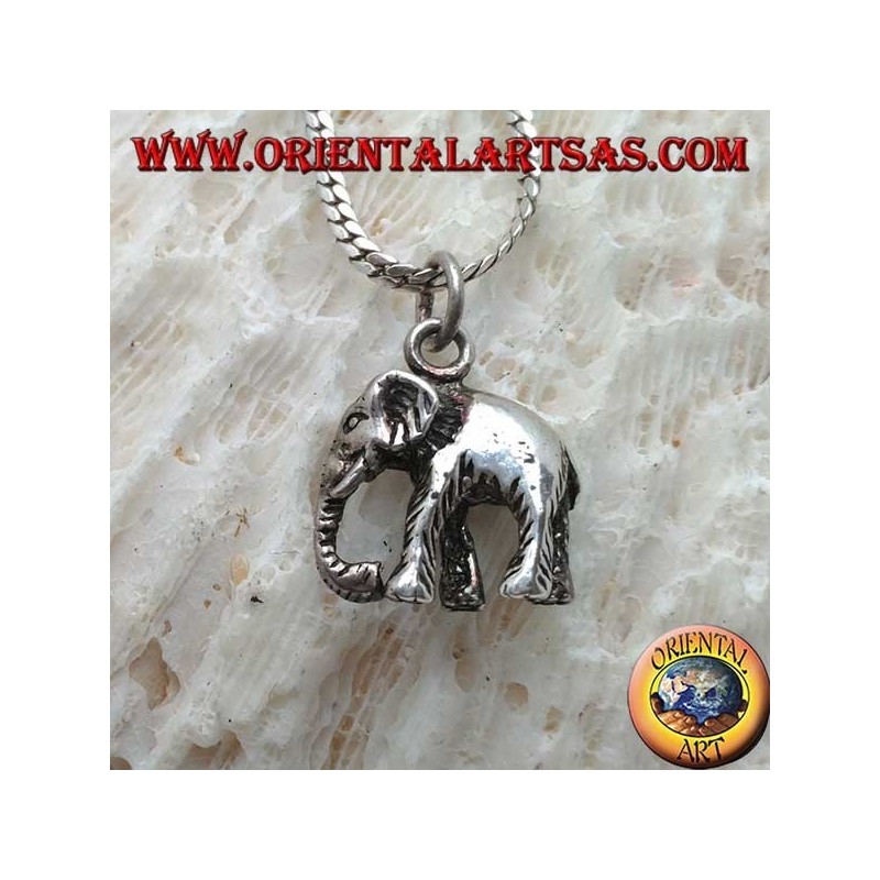 Pendentif en argent, éléphant indien avec tronc en duvet tridimensionnel