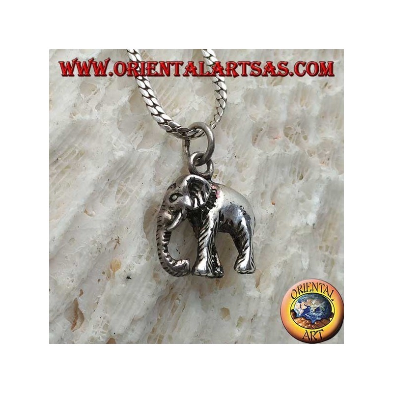Pendentif en argent, éléphant indien avec tronc en duvet tridimensionnel