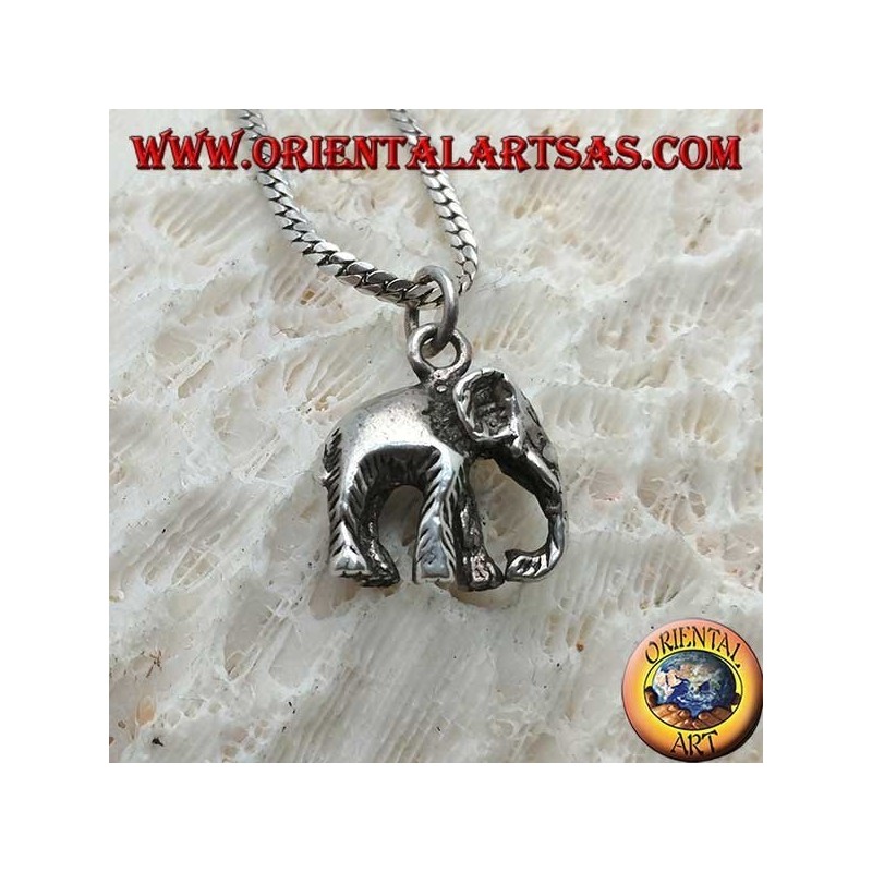 Pendentif en argent, éléphant indien avec tronc en duvet tridimensionnel