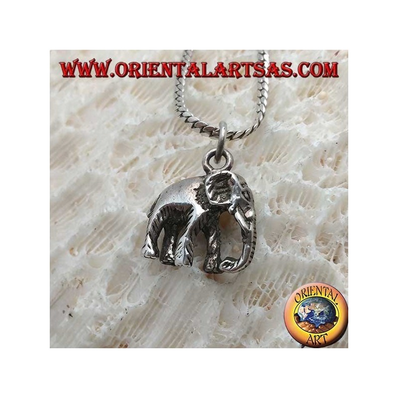 Pendentif en argent, éléphant indien avec tronc en duvet tridimensionnel