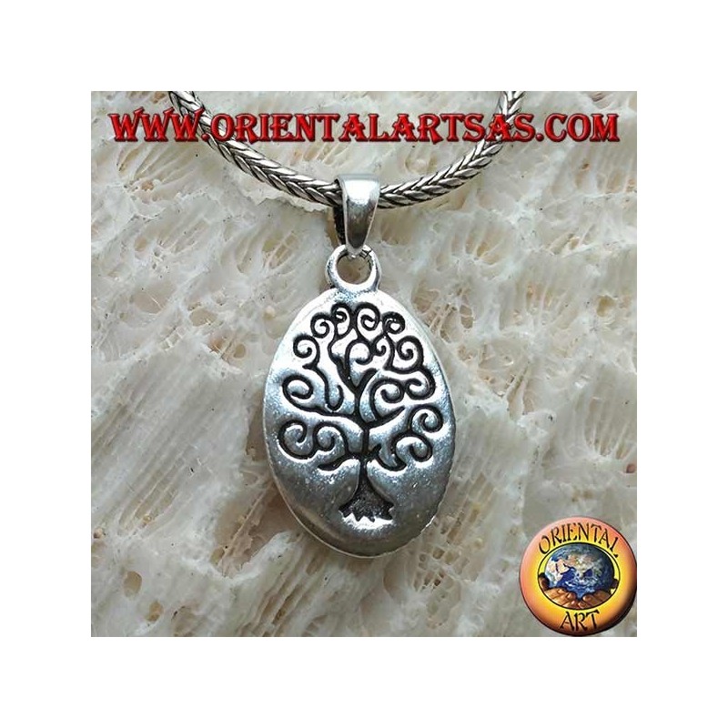 Silver pendant, oval plate engraved with the tree of life in the Klimt style