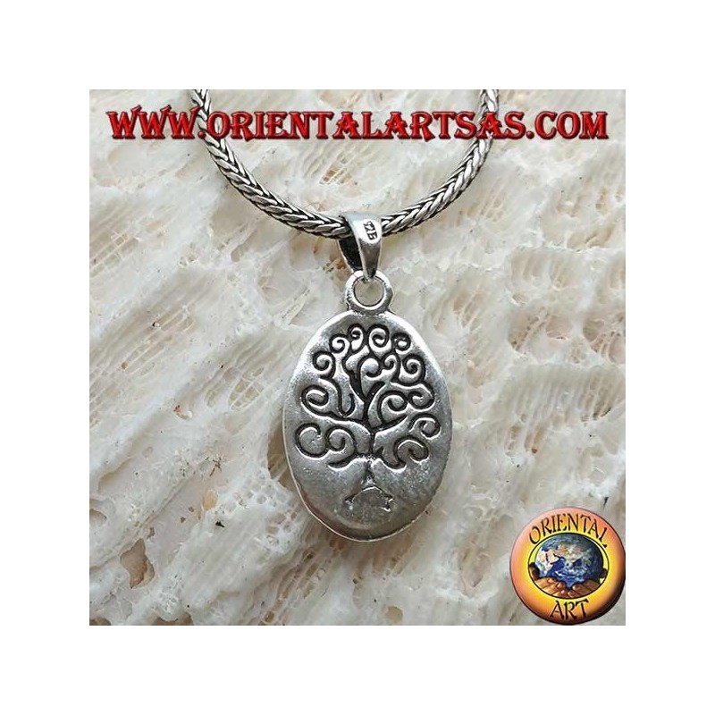 Silver pendant, oval plate engraved with the tree of life in the Klimt style