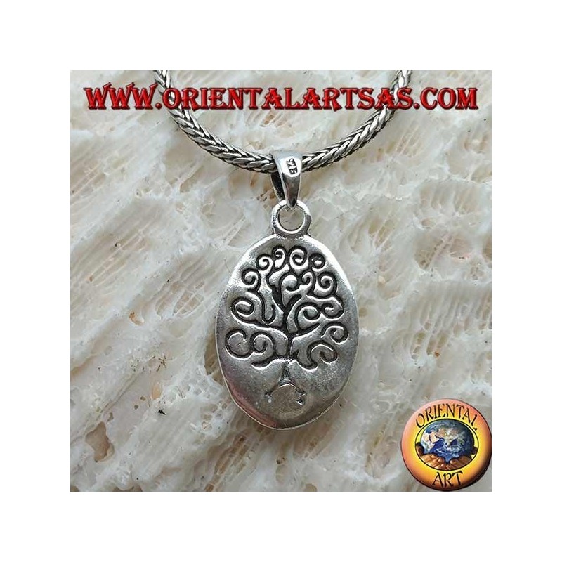 Silver pendant, oval plate engraved with the tree of life in the Klimt style