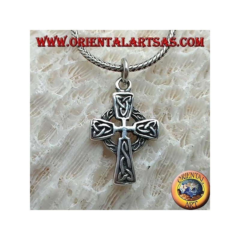 Silver pendant, Celtic cross with decorations and bas-relief Tyrone's knot