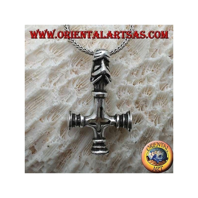Silver pendant, inverted cross with the head of the infernal hound as a hook