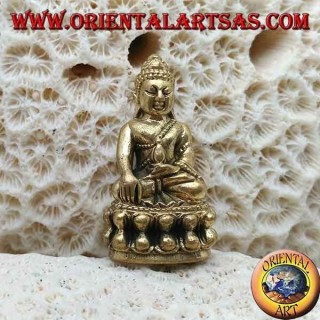 Buddha-Skulptur "Bhumisparsha Mudra - Unterwerfung des Dämons Mara" auf der Messing-Lotusblume (klein)