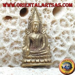 Buddha-Skulptur "Bhumisparsha Mudra - Unterwerfung des Dämons Mara", umgeben vom Messingaltar (klein)