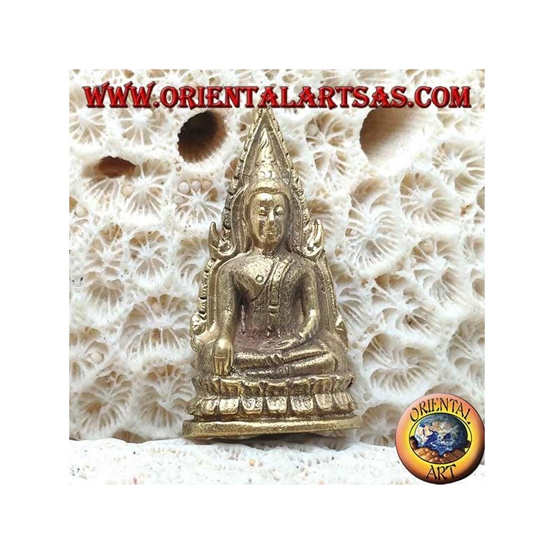 Buddha sculpture "Bhumisparsha Mudra - Subduing the demon Mara" surrounded on the brass altar (small)