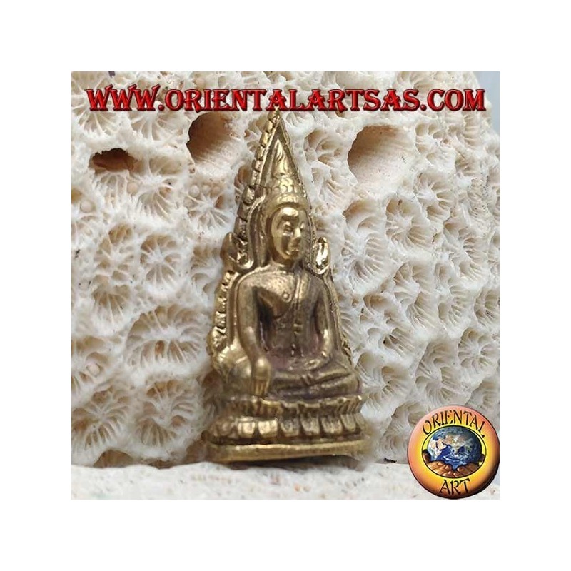 Escultura de Buda "Bhumisparsha Mudra - Sometiendo al demonio Mara" rodeada en el altar de bronce (pequeño)