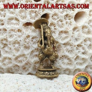 Scultura Ganesh "il Dio elefante" in piedi con l'ombrello, in ottone (piccola)