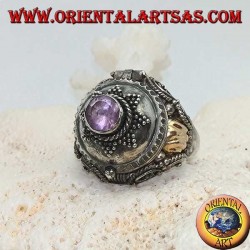 Silver box ring with round amethyst on eight-pointed star and gold plate on the sides