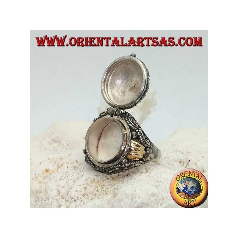 Silver box ring with round amethyst on eight-pointed star and gold plate on the sides