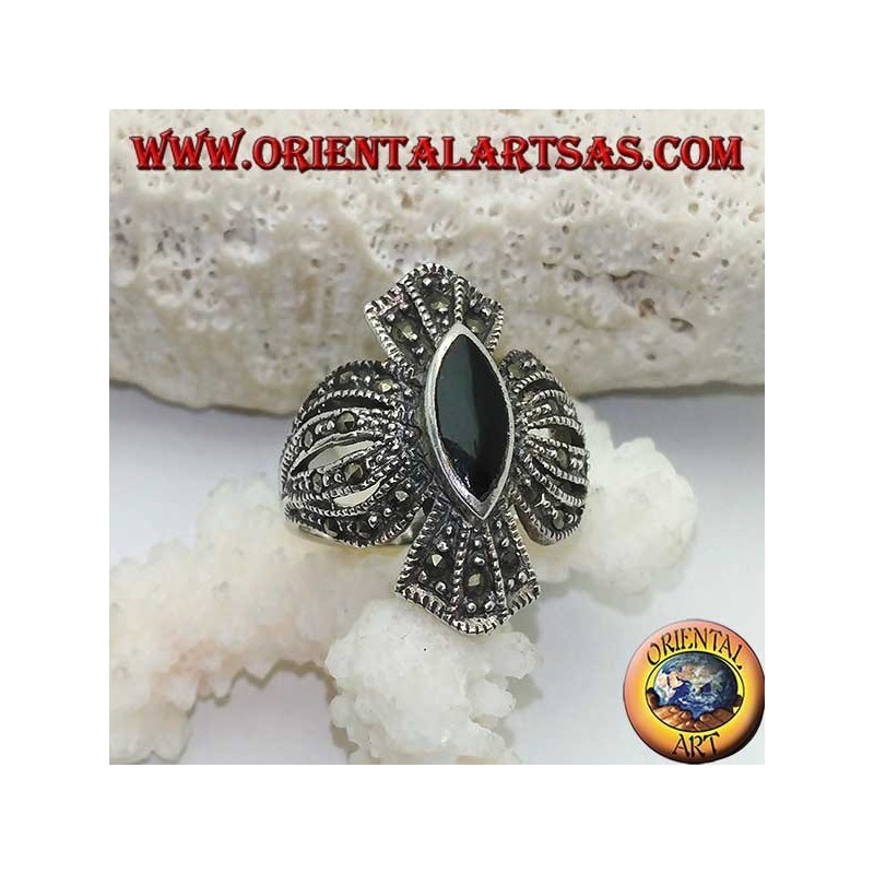 Silver ring with shuttle onyx on a rounded cross frame studded with marcasite