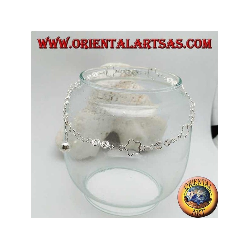 Silver anklet with openwork stars and alternating spirals and a bell