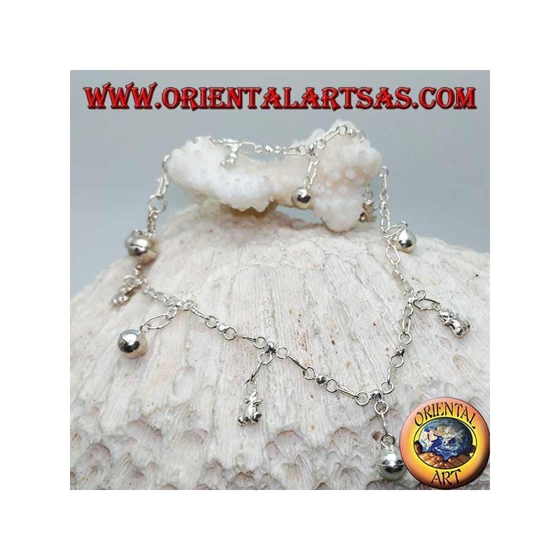 Silver anklet with teddy bears and alternating hanging bells