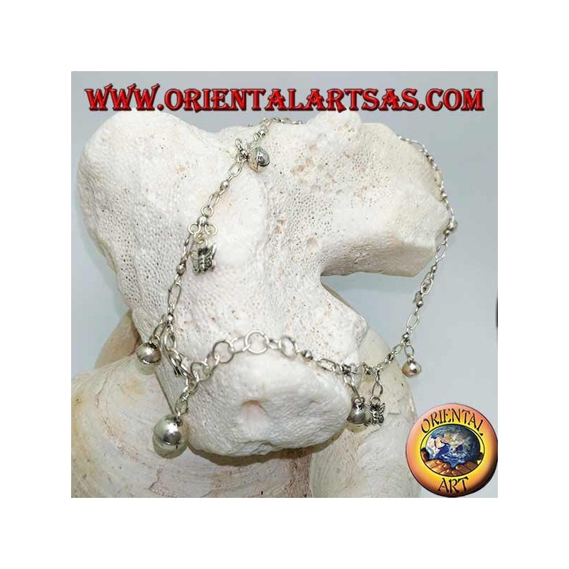 Bracelet de cheville en argent avec papillons et cloches suspendues alternées