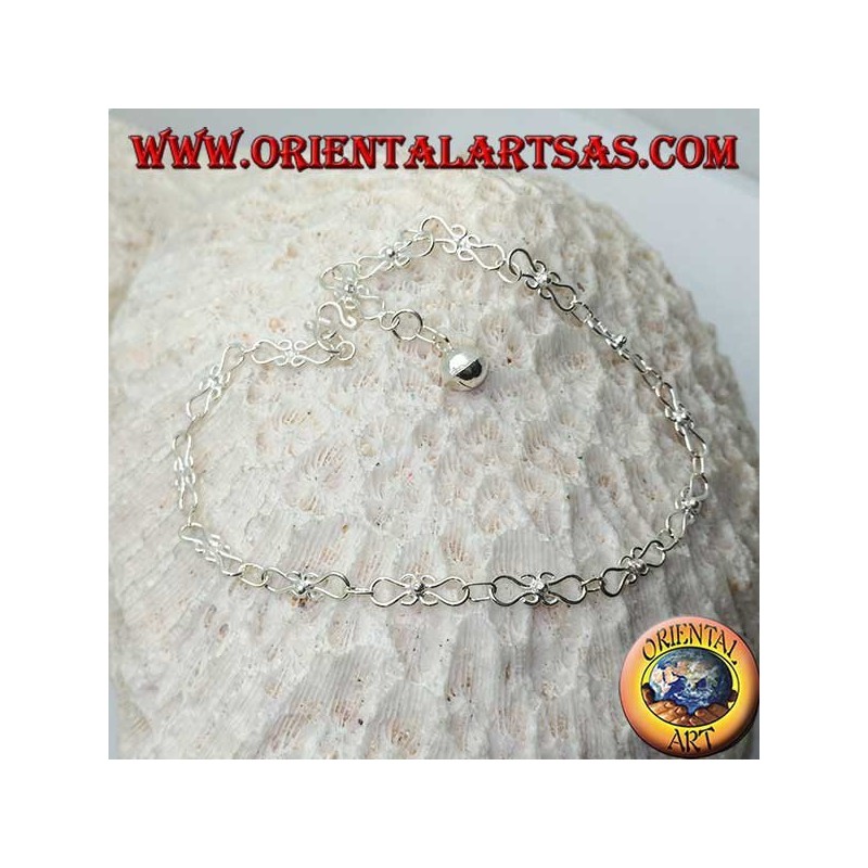Curved knitting silver anklet with a bell