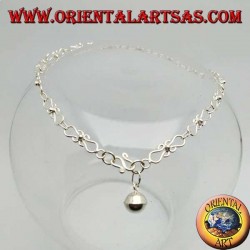 Curved knitting silver anklet with a bell